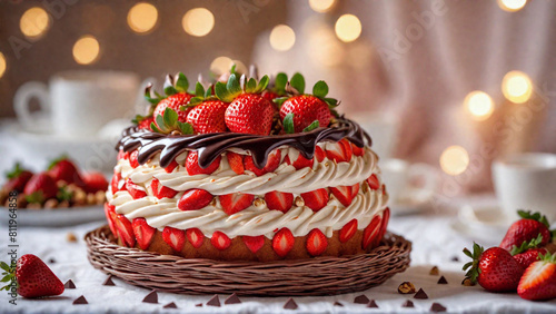 Gâteau à la fraise et aux chocolats avec des pépites d'amandes posés sur un lit dans un panier tressé en liane