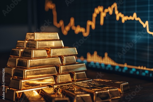 Stacked gold bars with glowing financial graph, representing wealth and stable investment. Perfect for financial analysis and economic trends discussions.