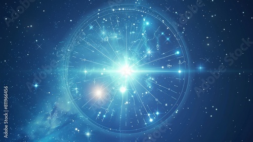 Wheel of Twelve-Sign Stellar Constellation of Zodiac, Star Trail, Glowing Ray of Star Light in Space, Horoscope and Astrology, Fortune-Telling, 