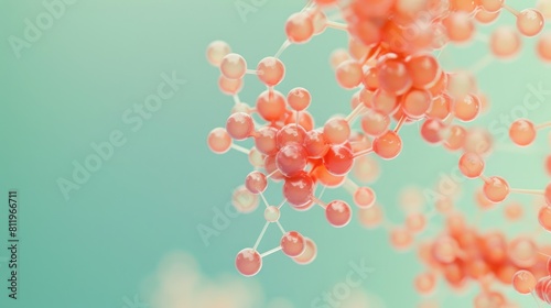 Vitamin B5 molecular model in 3D coral with gentle bokeh on a blurred mint green background