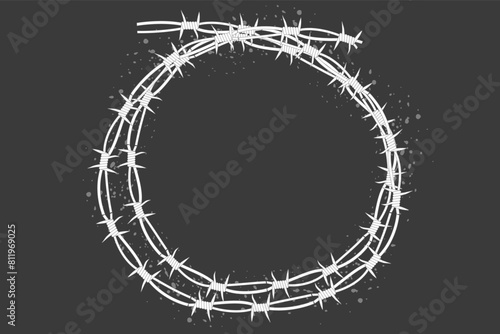 Barbed wire twisted ring y2k, round border tattoo, gothic textured steel frame, spiky oval barrier, silhouette isolated on dark background.
