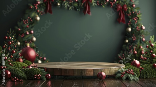 Capture the enchanting essence of the Christmas season with this Festive Podium, showcasing a Holiday Decor Background for perfect gift ideas.