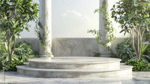 A stunning display setting for showcasing classical sculptures amidst an Italian Renaissance Garden with a focal point on a Classic Marble Podium.