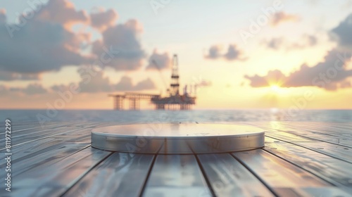 An impressive display showcasing energy industry tools on a steel podium with an oil rig backdrop in clear focus.