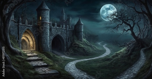 Stone paths from medieval castle are illuminated by moonlight. 