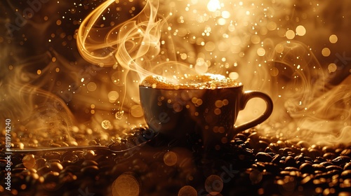 Morning ritual inspiration, steam rising from coffee cup, abstract coffee swirls, coffee beans scattered, coffee spoon