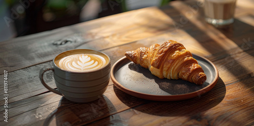 A fresh baked croissant on an elegant plate, accompanied by a cup of cappuccino