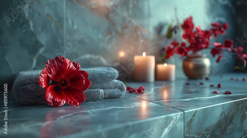 A luxurious spa composition with a single red flower, a candle emitting a soft glow, a folded towel, and the Holy Quran positioned on a pristine marble background