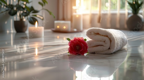A luxurious spa composition with a single red flower, a candle emitting a soft glow, a folded towel, and the Holy Quran positioned on a pristine marble background