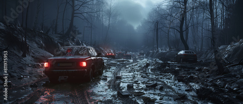 Cinematic Lighting, A mudslide covering a road and blocking traffic.