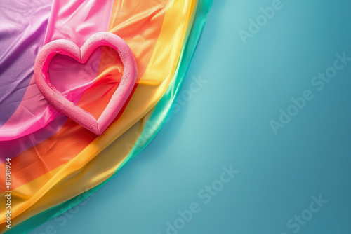 A heart made of a balloon is on a colorful piece of cloth. The cloth is in the shape of a rainbow