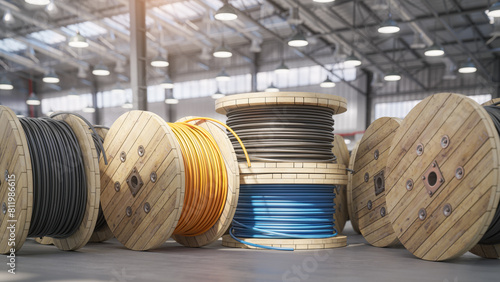 Wire electric cable on wooden coil or spool in warehouse.