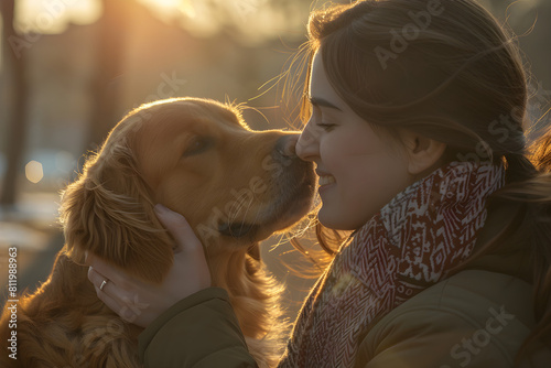 Smiling woman hugs her Golden Retriever in the park, illustrating the love and complicity between human and pet.
