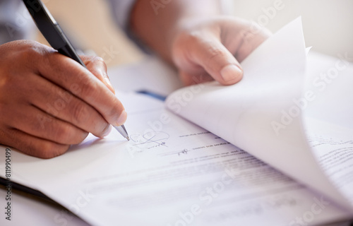 Hands, signature and writing on contract for deal at record company for music license in office. Person, legal paperwork or document for production budget, artist or sign for distribution of album