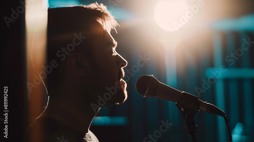 close up side view cinematic singer in the spotlight with a microphone in a recording studio. Banner Vocalist sings in the studio. Practice and school of vocal. 