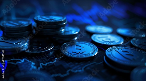 A stack of silver Bitcoin coins on a blue circuit board background.