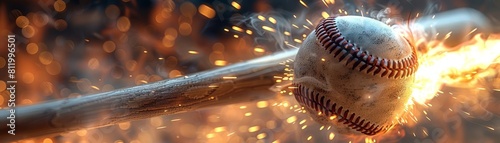 Closeup of a baseball bat making contact with a flaming ball, sparks flying, in a highresolution 3D render