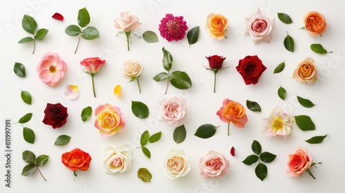 An array of vibrant rose blooms alongside delicate leaves are artfully strewn across a crisp white backdrop in an aerial perspective creating a captivating flat lay composition