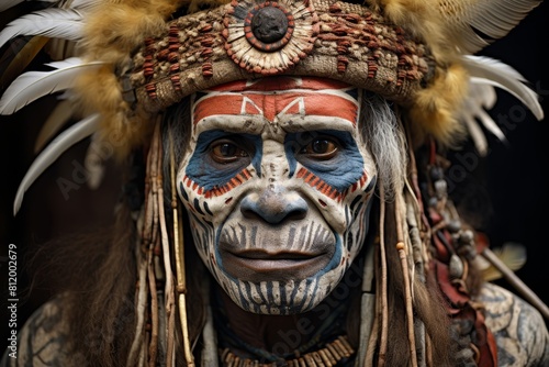 Native American man wearing a traditional headdress and face paint. He is looking at the viewer with a serious expression.
