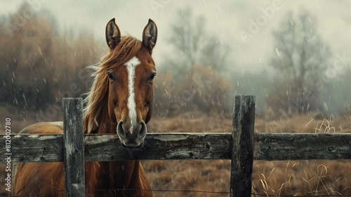 curious brown horse with a white blaze looking over a fence