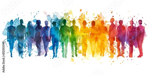 Watercolor silhouette of diverse people painted in a colorful rainbow spectrum. 8k panoramic diversity training or teamwork banner symbolizing unity, community, solidarity and a global melting pot