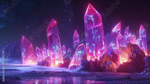 Fantasy landscape with glowing crystals and ice.