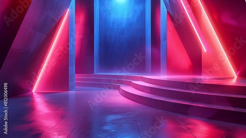 3D rendering of a futuristic sci-fi stage. Glowing neon lights, vibrant colors. Perfect for a sci-fi movie or game background.