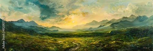 landscape with mountains and sunset in the distance