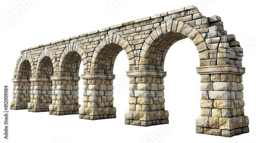 A Roman aqueduct arch with massive stone blocks and ancient engineering, isolated on a white background.