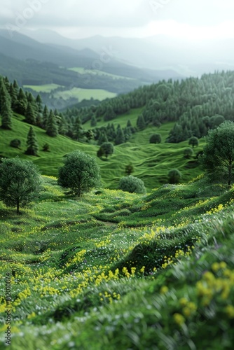 Fantasy green rolling hills landscape with trees and flowers