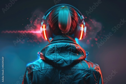 A person wearing headphones and a jacket. Suitable for music or fashion concepts