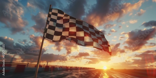 Black and white checkered flag waving on a racetrack with a sunset in the background