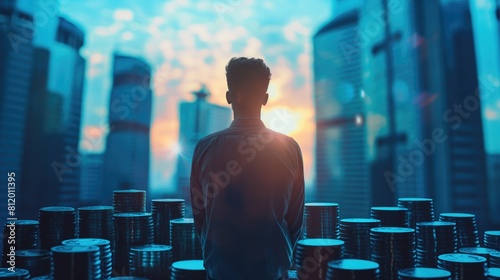 strategic view of investment opportunities, symbolized by the man contemplating the cityscape surrounded by stacks of coins, indicating a thoughtful approach to financial growth and wealth management.
