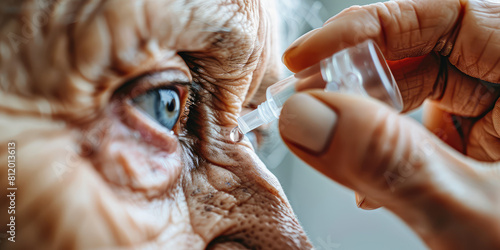 A close-up of an elderly person dripping therapeutic drops from a dropper into his eye. 