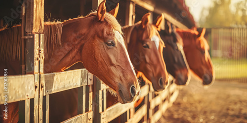 Beautiful horses in a stall in a row, horse corral on a sunny day.