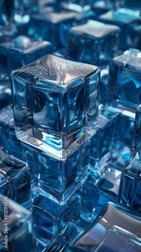 Blue translucent ice cubes stacked together with water droplets on the surface