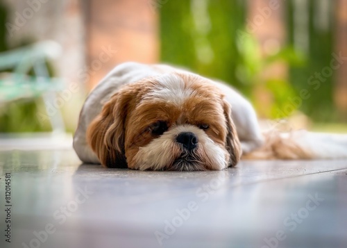 Um cachorro Shih Tzu deitado no chão, com a cabeça entre as patas, parecendo triste ou descansando, com um fundo verde desfocado.