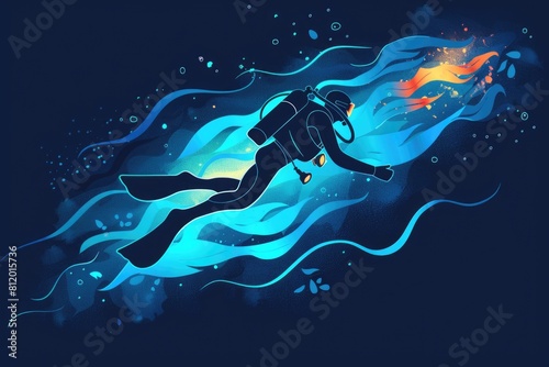 A person in a diving suit floating in the water. Suitable for underwater activities concept