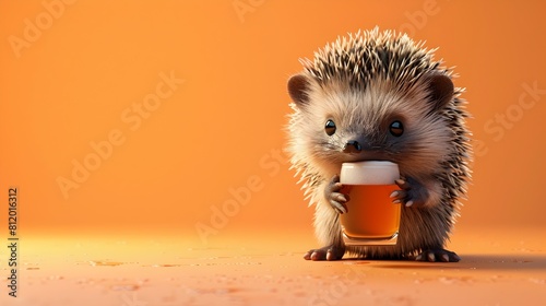Adorable Hedgehog Holding Beer on Vibrant Tangerine Background in Studio Lighting