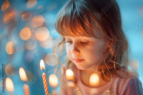 Una niña pequeña frente a las velitas encendidas de su pastel de cumpleaños. Celebraciones 