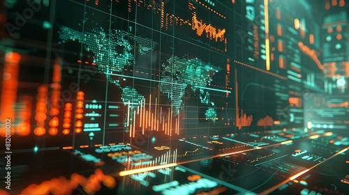 3d rendering of digital financial data and world map on computer screen with glowing charts, graphs or bar graph background concept for business hd, wide angle lens, low detail, smooth colors, solid c