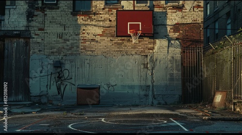 basketball hoop standing proudly amidst the cracked pavement. A small grill sits in one corner, often used for impromptu cookouts and late-night hangouts under the stars 