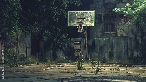 basketball hoop standing proudly amidst the cracked pavement. A small grill sits in one corner, often used for impromptu cookouts and late-night hangouts under the stars 