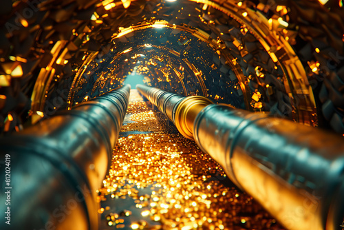 A tunnel with gold pipes and gold coins