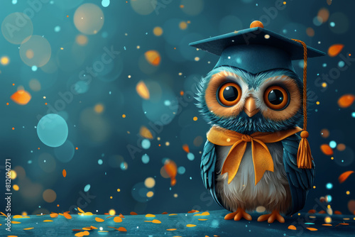 Owl in graduation cap on background of confetti. Graduation banner. Illustration