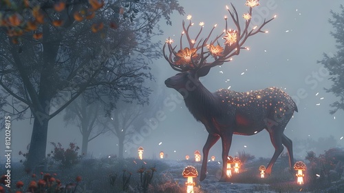 Ethereal Stag Treading Through Misty Enchanted Forest with Ornate Floral Antlers and Glowing Mushrooms