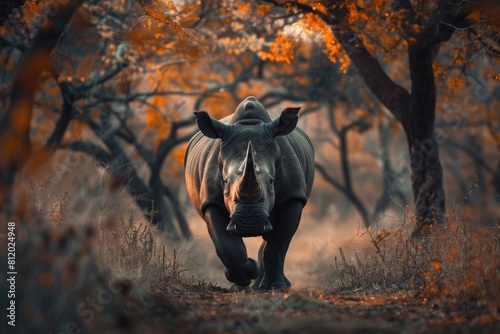 A majestic rhino standing in a peaceful forest. Ideal for nature and wildlife concepts
