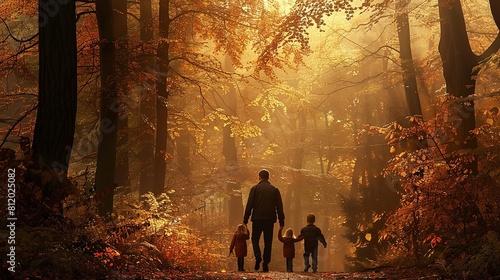 Family enjoying a leisurely stroll through an autumn forest