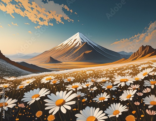champs de fleurs de marguerite avec une montagne au fond