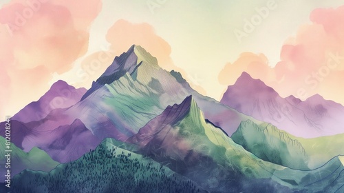 Malarstwo przedstawia góry z chmurami unoszącymi się w tle. Zieleń gór kontrastuje z białymi obłokami na niebie